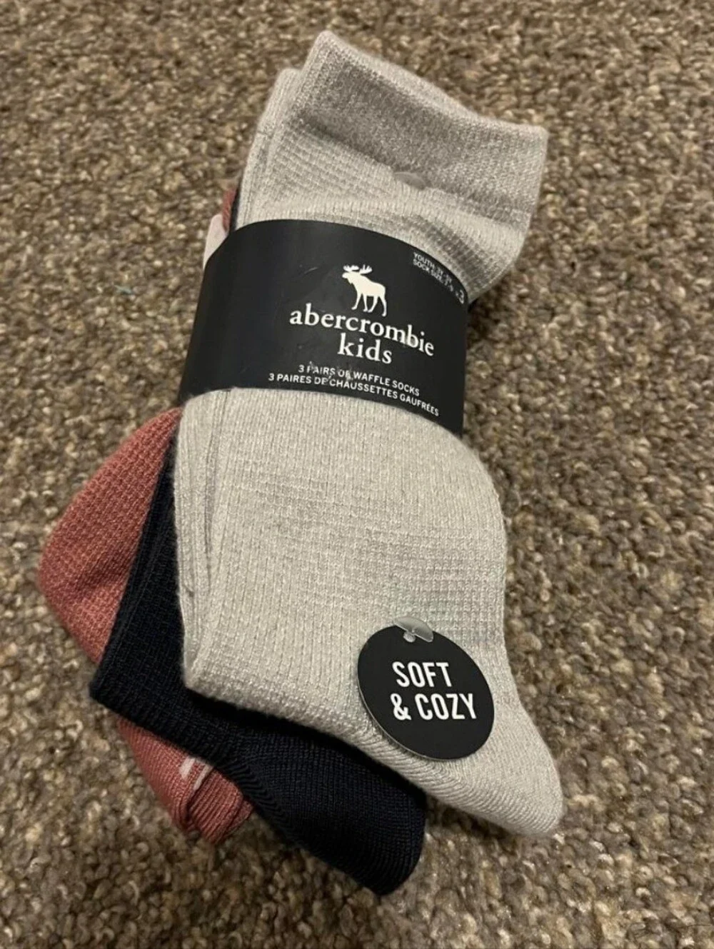 NWT Boy's abercrombie kids 3-Pack Waffle Socks - Light Gray, Black, Rust